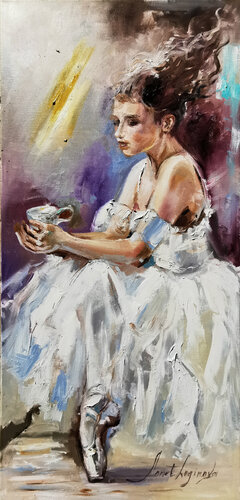 Ballet dancer girl oil painting. Dancing lady artwork. Ballerina in white dress. Bohemian woman. von Annet Loginova, Malerei kaufen auf Singulart