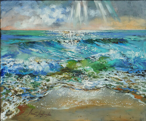 Glow of the sea. Morning seascape with waves on canvas. Original sea oil painting. von Annet Loginova, Malerei kaufen auf Singulart