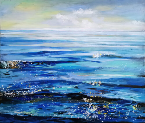 Shimmer of the sea. Seascape painting on canvas.  Morning sea with waves on canvas. Original sea oil painting. van Annet Loginova, Schilderij te koop op Singulart