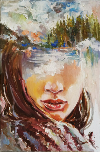 Forest woman painting. Forest landscape art. Faceless portrait. Fairy tale painting. van Annet Loginova, Schilderij te koop op Singulart