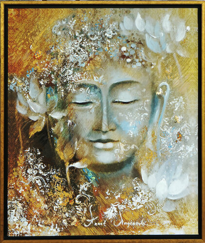 Golden Buddha. Framed print on canvas. Gold leaf giclee print. Feng Shui painting. di Annet Loginova, Stampa in vendita su Singulart