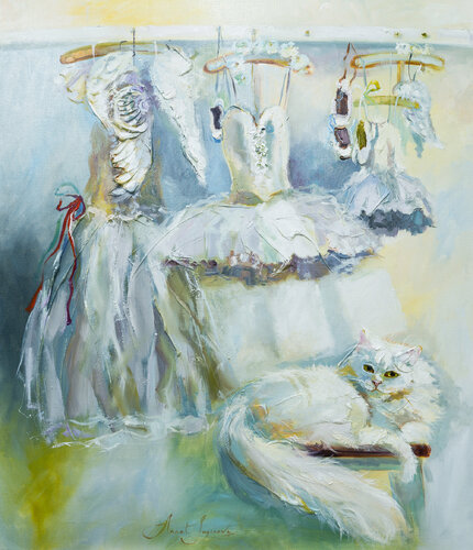 Bohemian morning. White soft creamy woman oil painting.  Graceful lady with a cat. City windo60view. di Annet Loginova, Pittura in vendita su Singulart