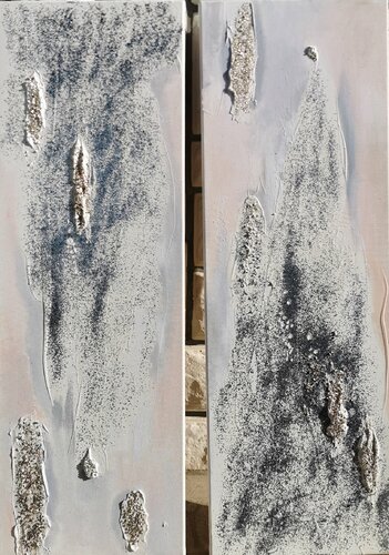 Silver Forest. Silver shimmering set of two abstract paintings. Silver leaf mixed medium paintings with textured surface. Abstract art. di Annet Loginova, Pittura in vendita su Singulart