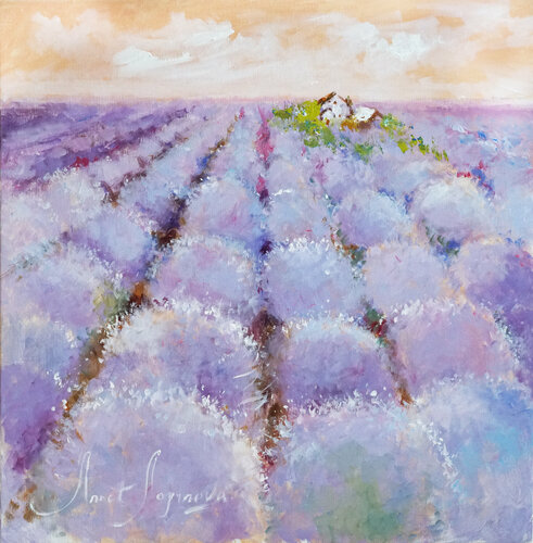 Lavender field print on canvas. Provence art. Landscape giclee print. Soft shades print. von Annet Loginova, Druck kaufen auf Singulart