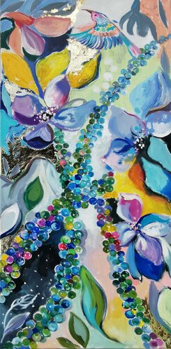 Bohemian Garden. Emerald and gold leaf mixed medium abstract painting. Vertical abstraction painting with gold foil gilding. by Annet Loginova, Painting for Sale on Singulart