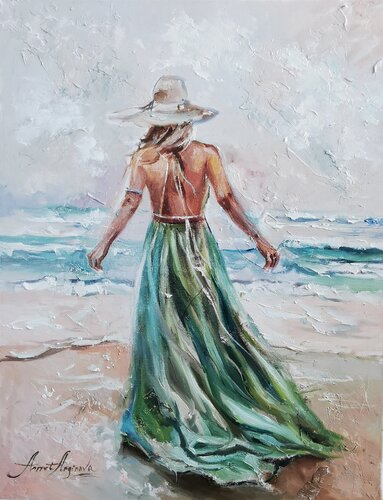 Woman in an emerald dress. Ocean seascape oil painting. Sea painting on canvas. Boho art. di Annet Loginova, Pittura in vendita su Singulart