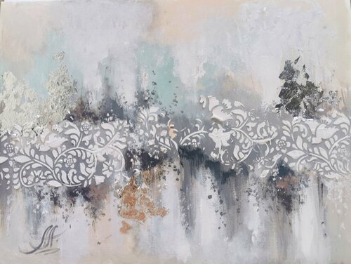 Pearl Textures. Acrylic painting with texture elements on paper. Abstract gray textured painting with silver leaf. by Annet Loginova, 종이 for Sale on Singulart