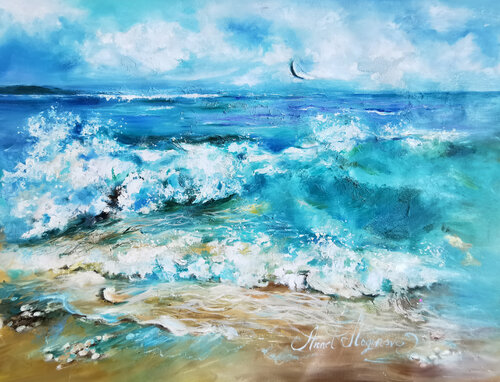 Turquoise lagoon. Seascape with waves on canvas. Original sea oil painting. van Annet Loginova, Schilderij te koop op Singulart