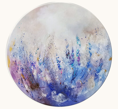 Window to Purple Dream. Lavender flowers on a round canvas. Floral oil painting. Purple picture on canvas. Floral art. Annet Loginova