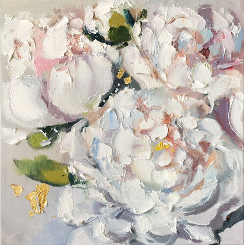 White peonies. Textural flowers picture on canvas. Large floral painting. di Annet Loginova, Pittura in vendita su Singulart