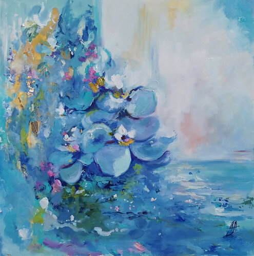 The birth of a flower. Blue flowers large abstract painting with gold leaf and deep blue hues. Mixed medium oil picture. Floral art. Annet Loginova