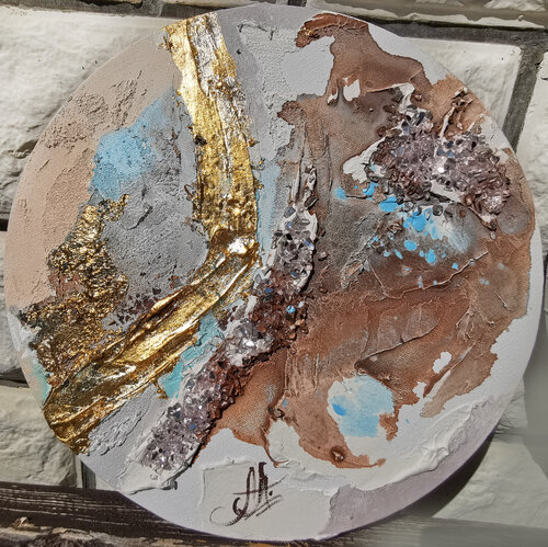 Umber. Set of 2 paintings with glass beads and gold. Metallic gilding round art. di Annet Loginova, Pittura in vendita su Singulart