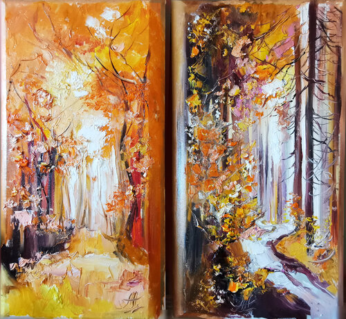 Autumn forest. Set of 2 canvases. Colorful set of paintings. di Annet Loginova, Pittura in vendita su Singulart
