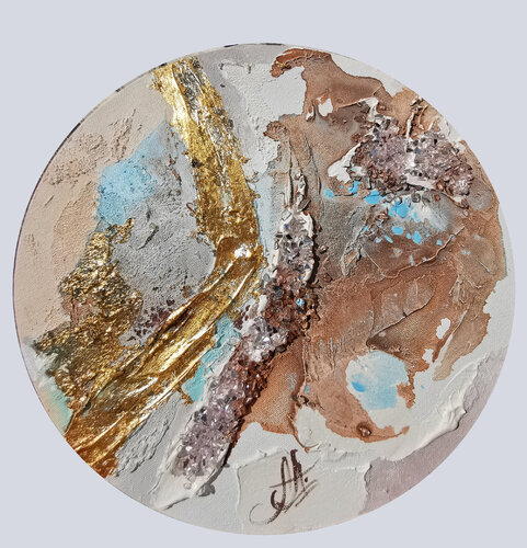 Terra & Turquoise. Set of 2 paintings with glass beads and gold. Metallic gilding round art. di Annet Loginova, Pittura in vendita su Singulart