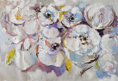 Creamy buds. Texture painting with anemones and peonies, made in oil on canvas. Floral art. by Annet Loginova, 종이 for Sale on Singulart