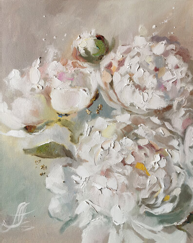 White petals. Oil painting on high-quality canvas with metal leaf. Large floral painting. di Annet Loginova, Pittura in vendita su Singulart