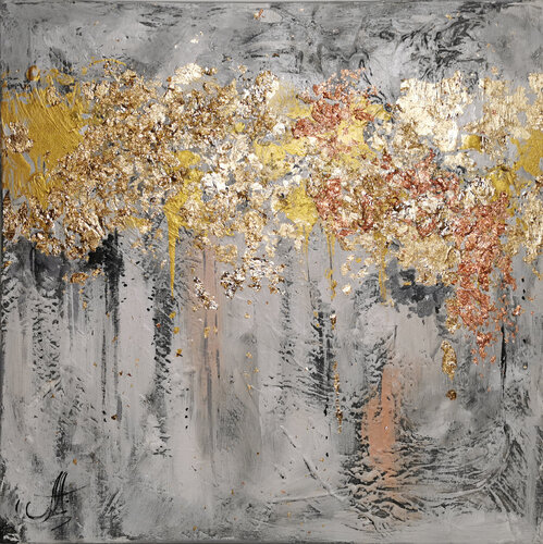 Golden Autumn. Abstract Canvas art. Professional acrylic paint with gold & copper leaf on canvas. di Annet Loginova, Pittura in vendita su Singulart