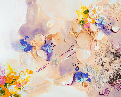 Spring colors abstract print on canvas. Based on the original oil painting with silver leaf: "Spring is born". Colorful giclee print. von Annet Loginova, Druck kaufen auf Singulart