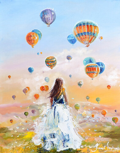 Colorful print on canvas. Based on the original oil painting: "Where dreams are born". Girl and the sky with colorful balloons. von Annet Loginova, Druck kaufen auf Singulart