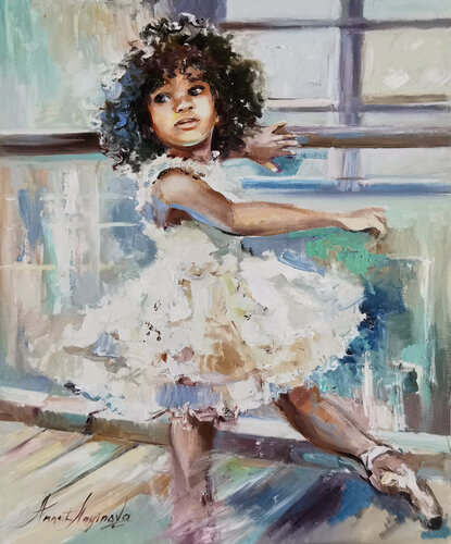 Little ballerina. Graceful ballet dancer girl oil painting. Dancing lady artwork. Ballerina in white tutu dress. di Annet Loginova, Pittura in vendita su Singulart