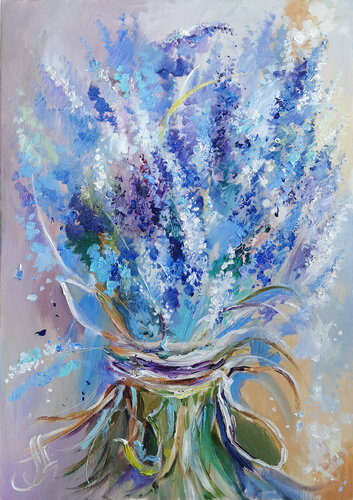 Lavender Fascination. Blue flowers large abstract oil painting with a rich textured surface. Lavender bouquet. Floral art. van Annet Loginova, Schilderij te koop op Singulart