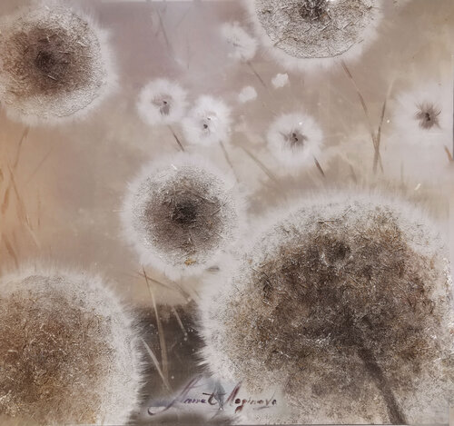 Dandelions in the Wind. Large abstract flowers painting with a play of textures: oil & acrylic paints, dried herbs. Floral art. van Annet Loginova, Schilderij te koop op Singulart