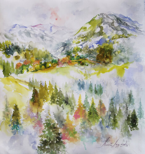 Conifer peaks. Large original watercolor painting. Landscape art. von Annet Loginova, Malerei kaufen auf Singulart