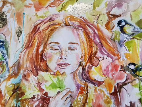 Redhead Time. Lovely redhead girl portrait, created in watercolor with gold leaf. van Annet Loginova, Schilderij te koop op Singulart