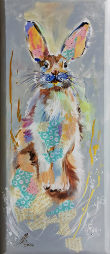 Colorful rabbit. Abstract animal painting. Christmas art. van Annet Loginova, Schilderij te koop op Singulart