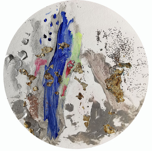 Balance. Abstract painting on a round canvas with glass beads and gold leaf. Metallic gilding round art. di Annet Loginova, Pittura in vendita su Singulart