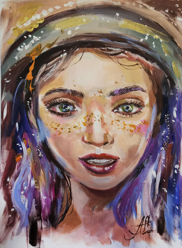 Indigo. Mesmerizing indigo girl portrait, created with acrylic paint, metal leaf and glass beads on canvas paper. van Annet Loginova, Schilderij te koop op Singulart