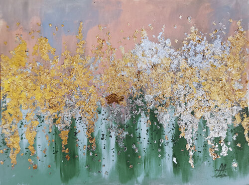 Golden Emerald. Emerald abstract painting. Chameleon color painting with metal leaf and glass beads. by Annet Loginova, Painting for Sale on Singulart