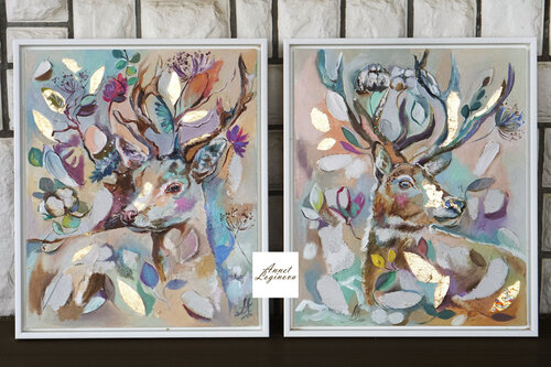 Forest Deer in Bloom. Set of 2 abstract oil paintings (diptych) with a rich volumetric surface and gold leaf. Animal art. van Annet Loginova, Schilderij te koop op Singulart