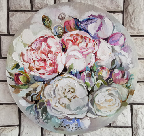 White peonies. Oil painting on high-quality canvas. Round floral painting. Valentines day. van Annet Loginova, Schilderij te koop op Singulart
