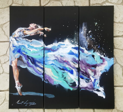 Graceful ballet dancer girl oil painting. Dancing lady artwork. Ballerina on black canvases. by Annet Loginova, Painting for Sale on Singulart