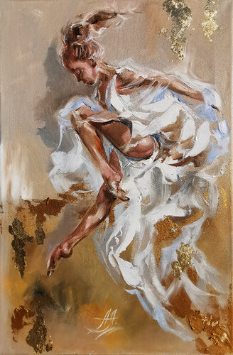 Skyward Gold (2023). Ballerina Oil Painting. Graceful Ballet Dancer Girl Oil Painting. Dancing Lady Artwork. Ballerina In White Dress. van Annet Loginova, Schilderij te koop op Singulart