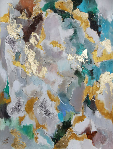 Abstract gold & emerald painting. Sparkling gold leaf artwork with textured surface. by Annet Loginova, Painting for Sale on Singulart