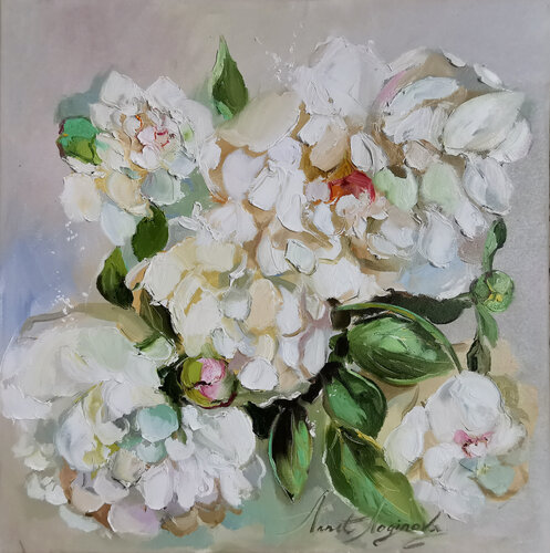 White peonies. Textural flowers picture on canvas. Floral painting. van Annet Loginova, Schilderij te koop op Singulart