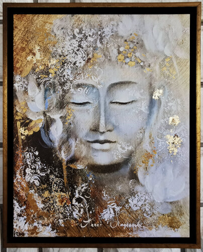 Golden Buddha Print on canvas. Abstract Bali style oriental painting. von Annet Loginova, Malerei kaufen auf Singulart
