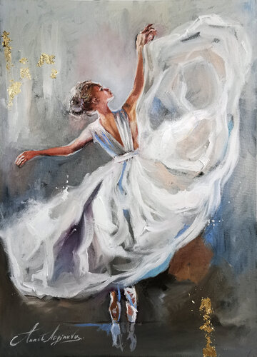 Aerial ballet dancer girl oil painting. Dancing lady artwork. Ballerina in white dress. van Annet Loginova, Schilderij te koop op Singulart