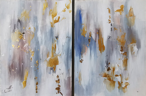 Abstract painting on canvas-paper. Shining gold leaf mixed medium paintings. Set of 2 di Annet Loginova, Pittura in vendita su Singulart