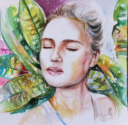 Young woman watercolor drawing. Femininity artwork. Olive shades portrait picture. par Annet Loginova, Œuvre sur papier en vente sur Singulart
