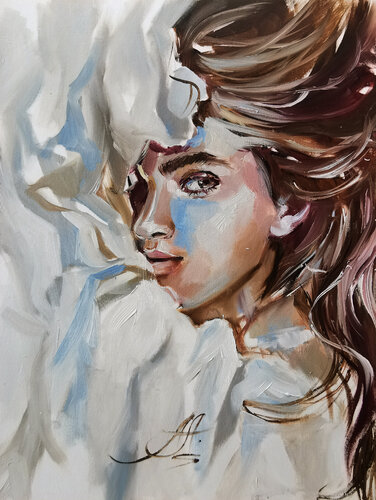 Soft coffee hues portrait, Woman painting on canvas-paper von Annet Loginova, Malerei kaufen auf Singulart
