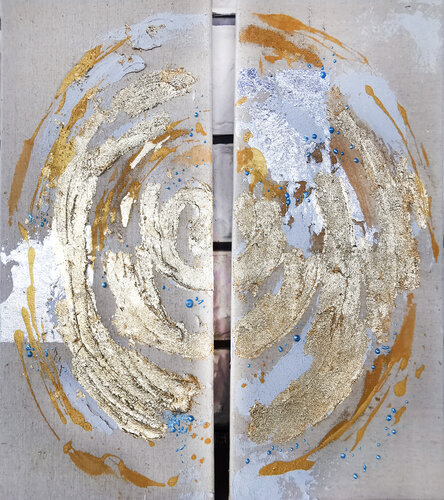Natural canvas structure diptych. Shining gold leaf mixed medium paintings von Annet Loginova, Malerei kaufen auf Singulart