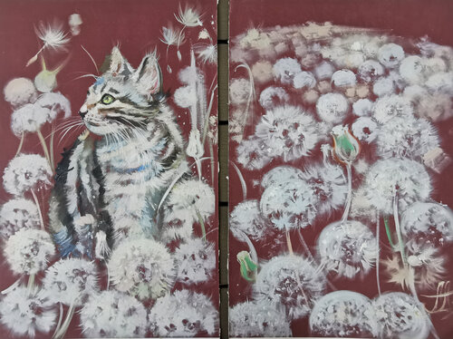 Dandelions and a cat. Set of 2 oil paintings (diptych). Animal art. van Annet Loginova, Schilderij te koop op Singulart