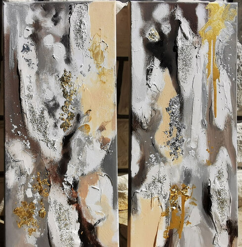Monochrome set of two abstract paintings. Vertical paintings van Annet Loginova, Schilderij te koop op Singulart