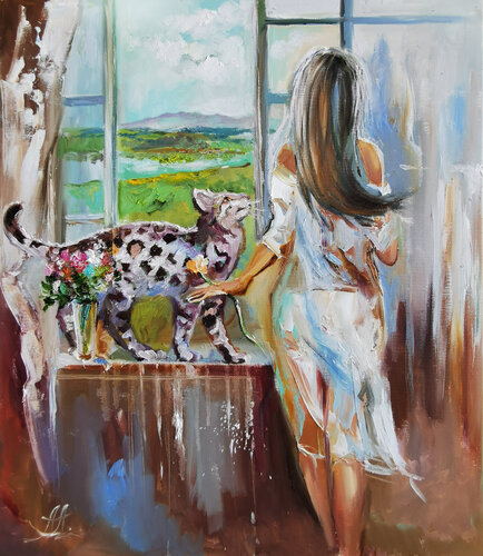 Soft creamy woman oil painting.  Graceful lady with a cat. Nature window view. di Annet Loginova, Pittura in vendita su Singulart