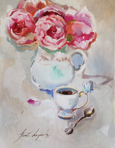 Oil Painting of Textured Peonies in Soft Hues. Texture painting with peonies. di Annet Loginova, Opera su carta in vendita su Singulart