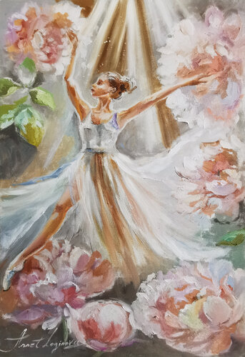 Harmonious Elegance: A Delicate Oil Painting of a Graceful Ballerina Amidst Blooming Peonies on Canvas" by Annet Loginova, Painting for Sale on Singulart