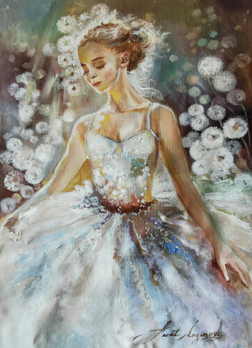 Graceful Ballerina Amidst Dandelions. Ballerina in white dress. van Annet Loginova, Schilderij te koop op Singulart